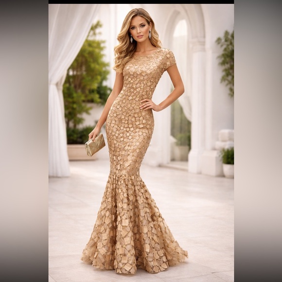 Carolina Herrera Dresses & Skirts - CAROLINA HERRERA silk champagne gold Mix media short sleeves, long gown